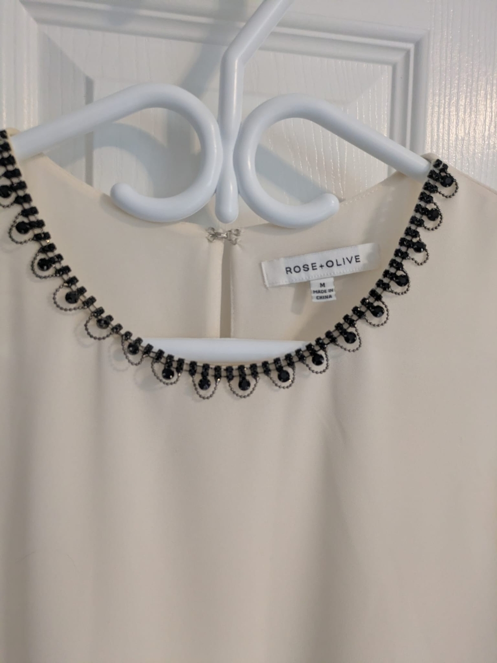 Rose & Olive Cream Top with Black Beaded Scalloped Neckline